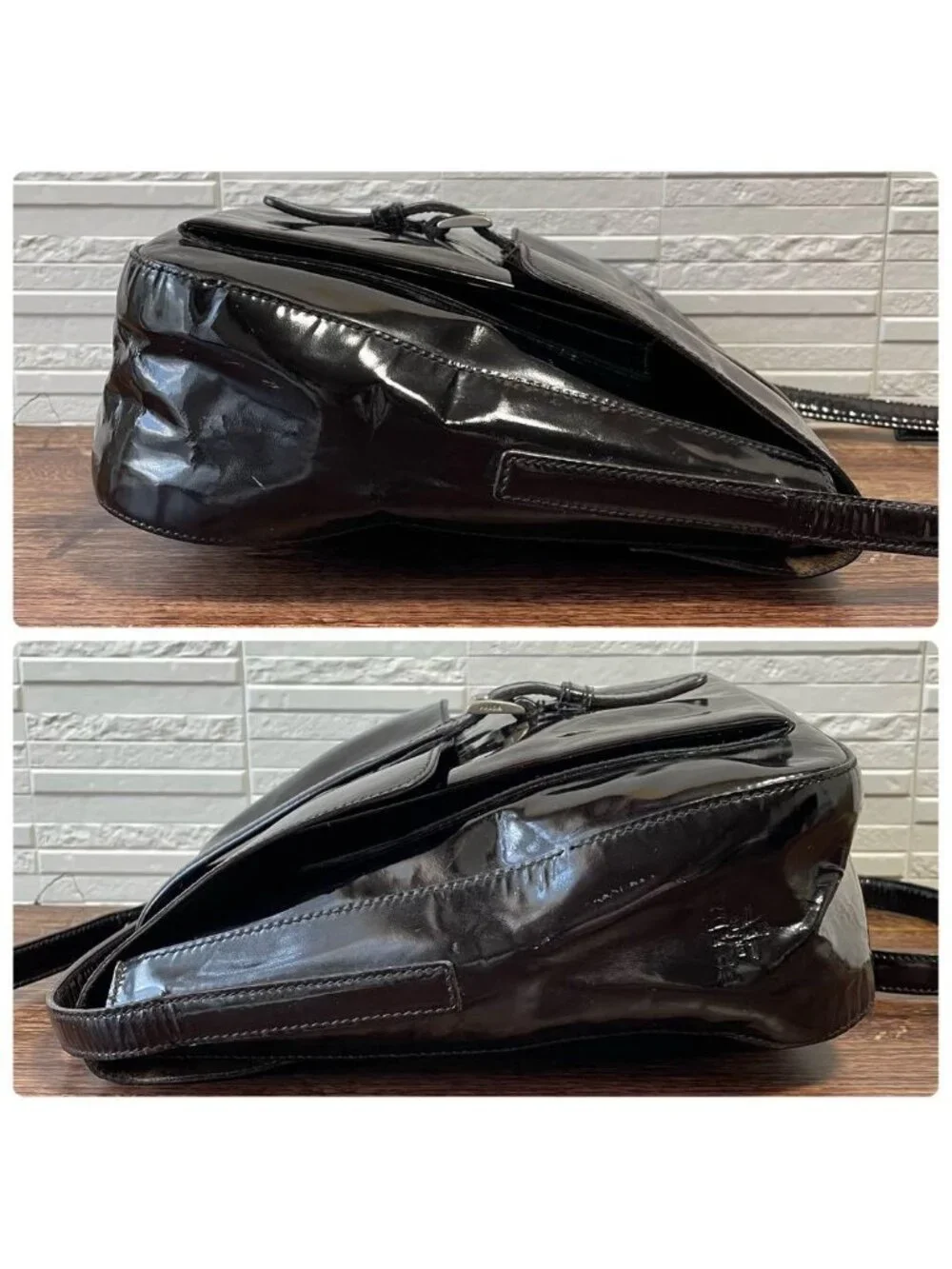 Prada Logo Enamel Patent Leather Shoulder Bag Dark Brown